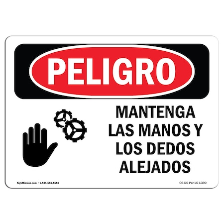 OSHA Danger, Keep Hands And Fingers Away Spanish, 5in X 3.5in Decal